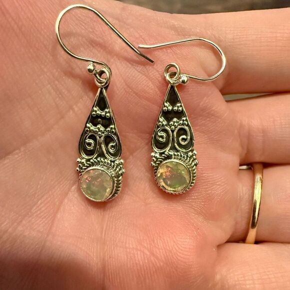 Round Ethiopian Fire Opal Dangle Earrings Southwestern Sterling Silver Teardrop - Picture 2 of 3